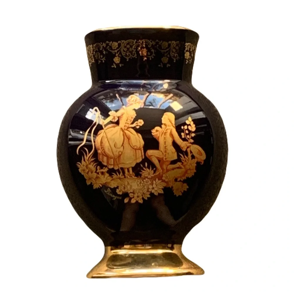 Vintage Limoges France Cobalt Gilded Gold Porcelain Vase Approx 8.25” Romantic